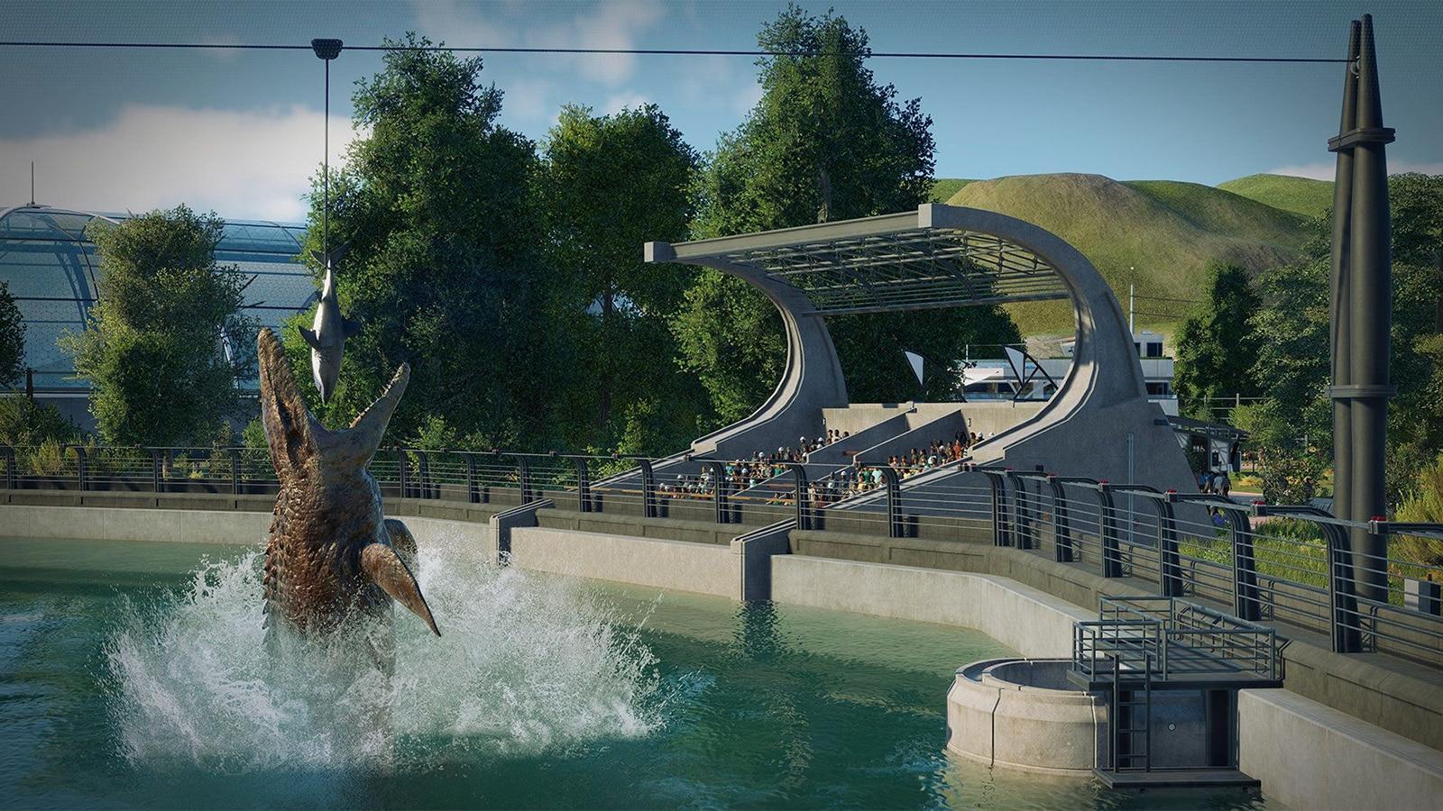 A Mosasaurus jumping out of the water in Jurassic World Evolution 2