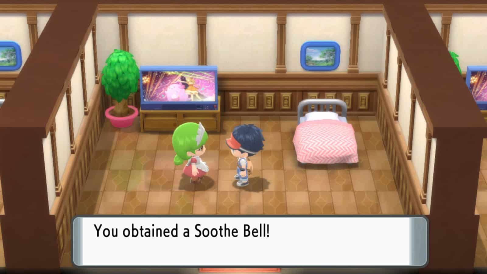 A Trainer unlocking the Soothe Bell in Pokemon Brilliant Diamond and Shining Pearl