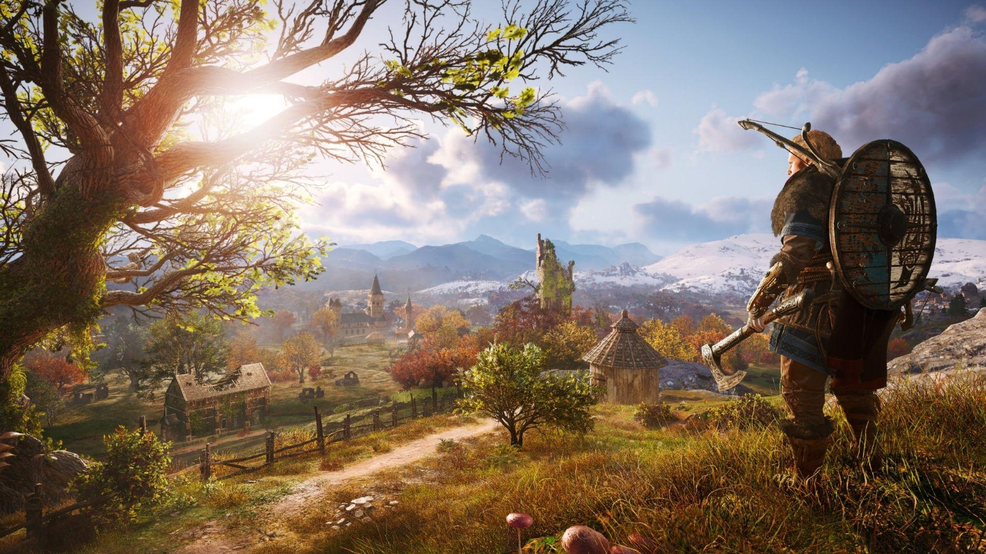 Assassin's Creed Valhalla, a game that will be on the Assassin's Creed Infinity launcher, screenshot of playable character overlooking the countryside.