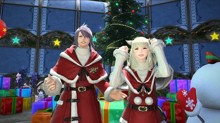 ffxiv characters in christmas hats celebrate in front of a tree