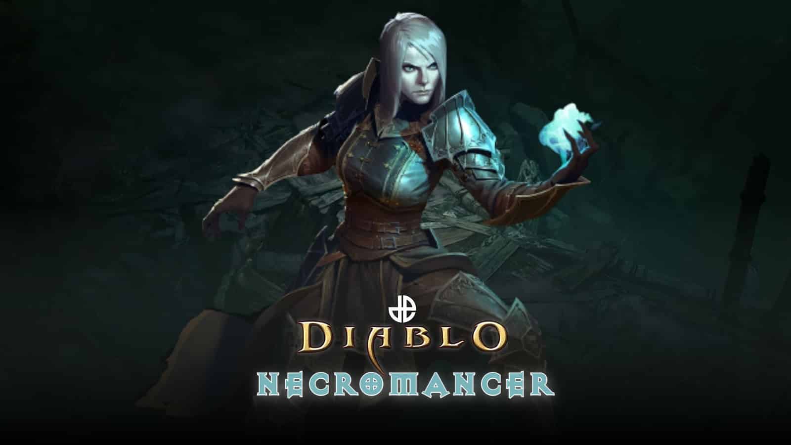 The female Necromancer on a dark background, with the Diablo logo