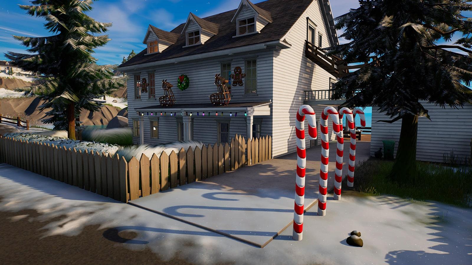 Christmas Decorations outside a house in Fortnite