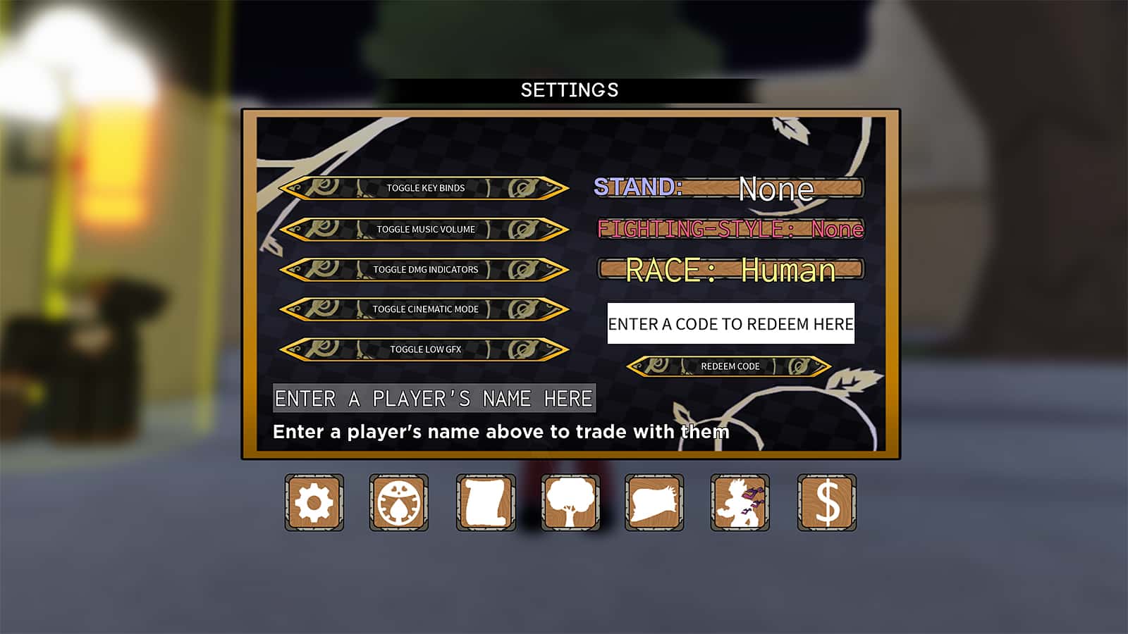 An image of the settings menu in YBA, where you can enter codes