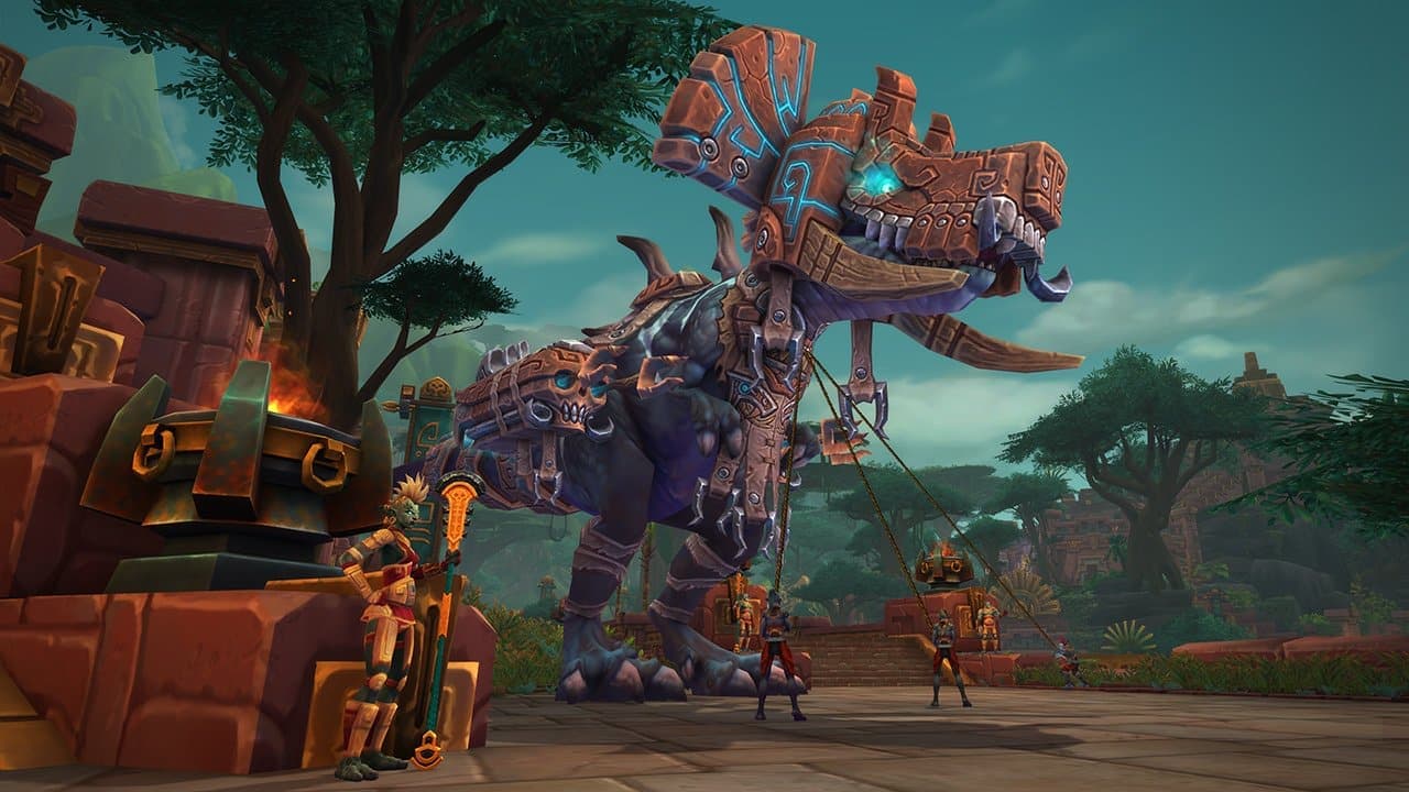 world of warcraft wow zandalar t-rex mount in aztec style reigns with a troll