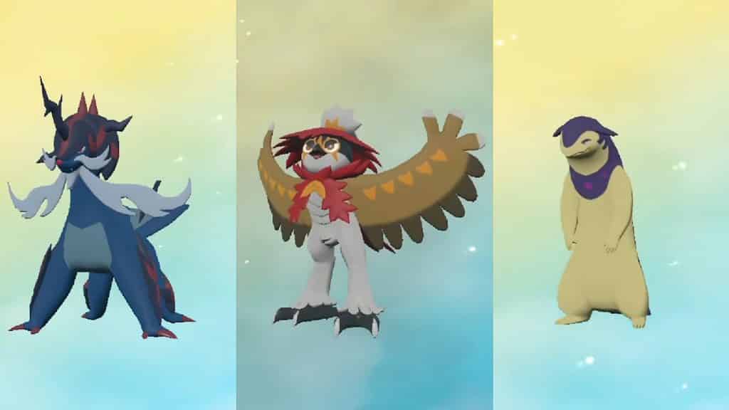 An image of Decidueye, Typhlosion, and Samurott's Hisuian forms in Pokemon Legends Arceus