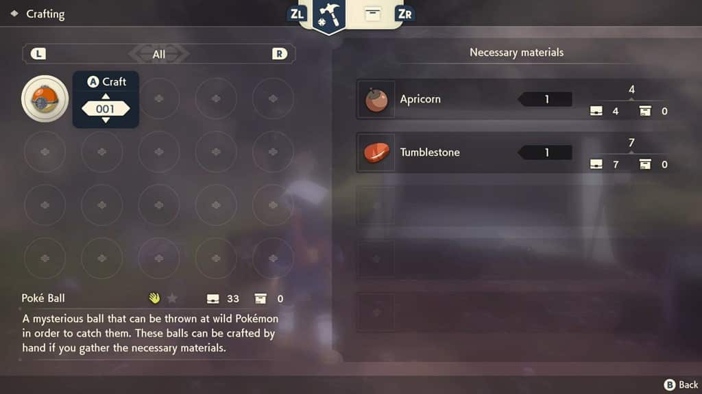 pokemon legends arceus craft screen with poke ball