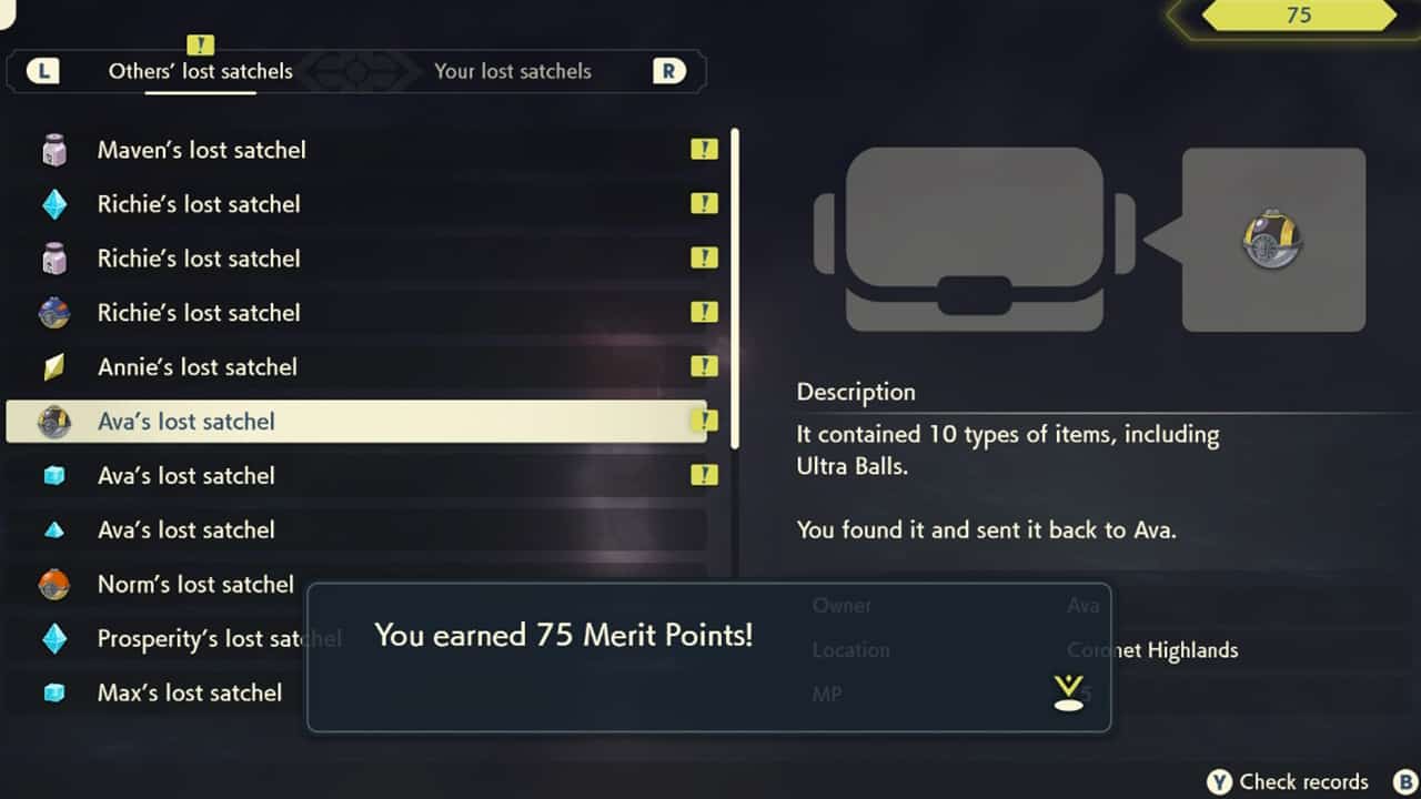 Pokemon Legends Arceus Merit Points Lost satchel menu screenshot.