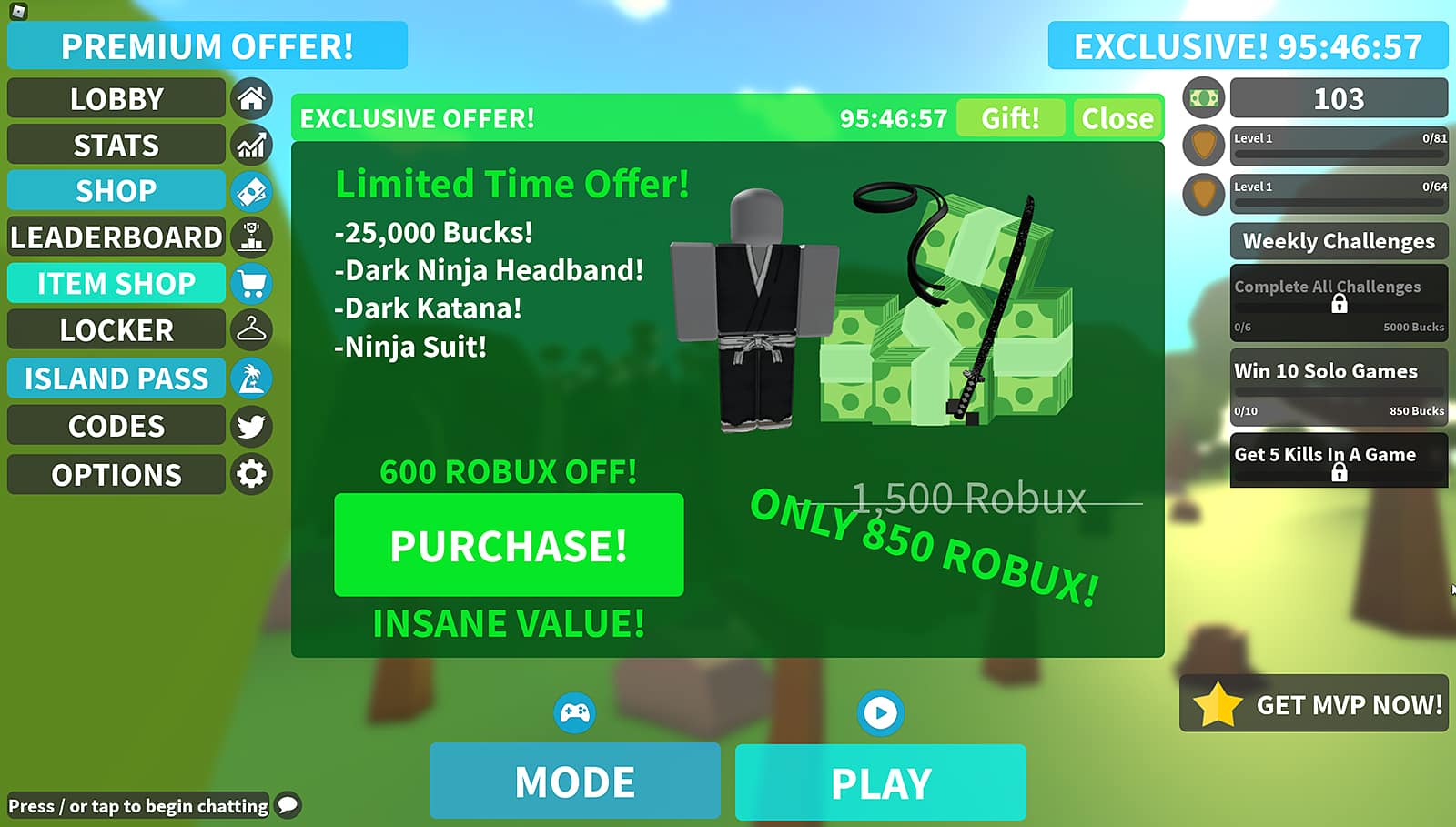 An image of the main menu in Island Royale in Roblox