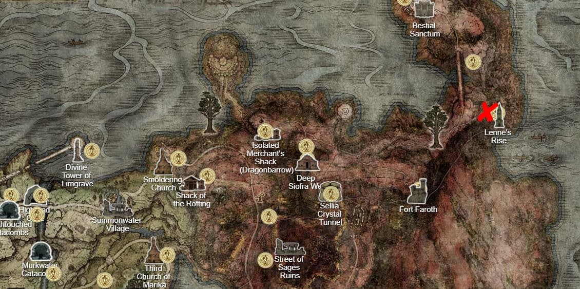 Elden Ring Caelid map Night's Cavalry location screenshot.