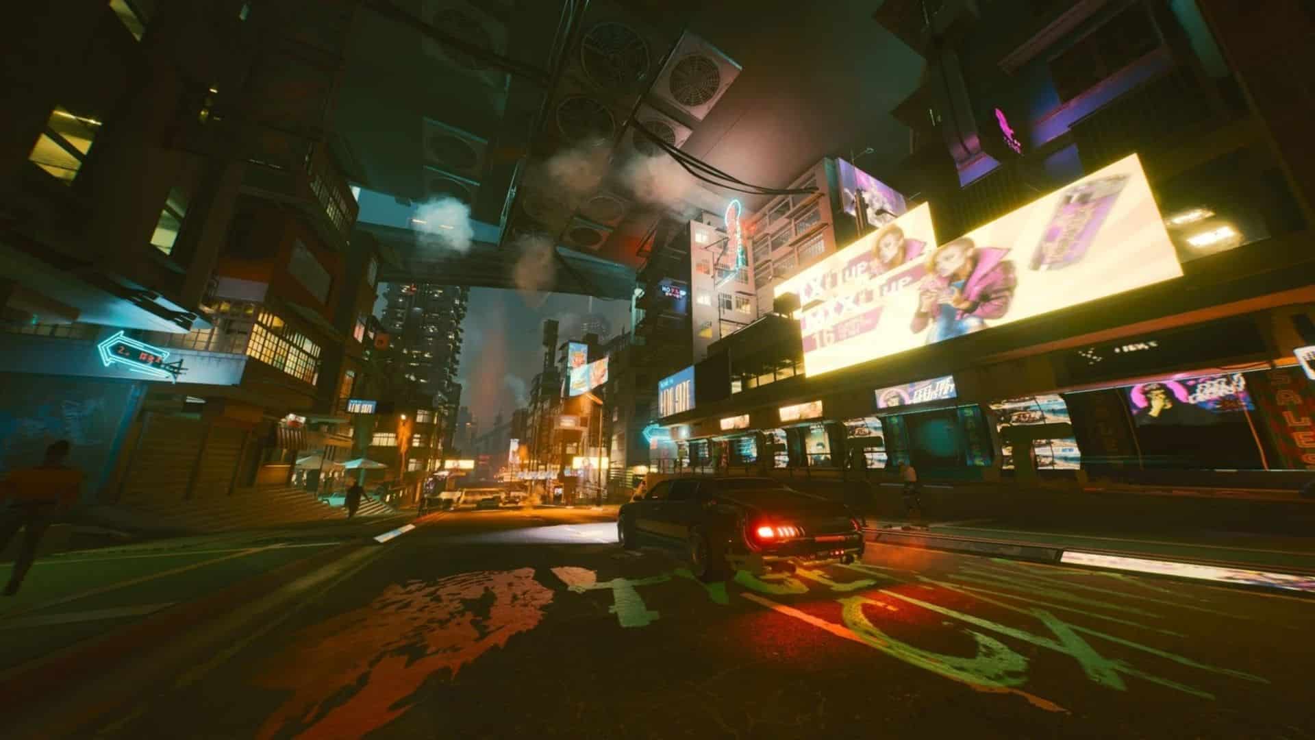 car driving down road in cyberpunk's night city