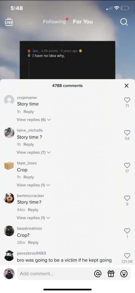 tiktok story time and crop comments