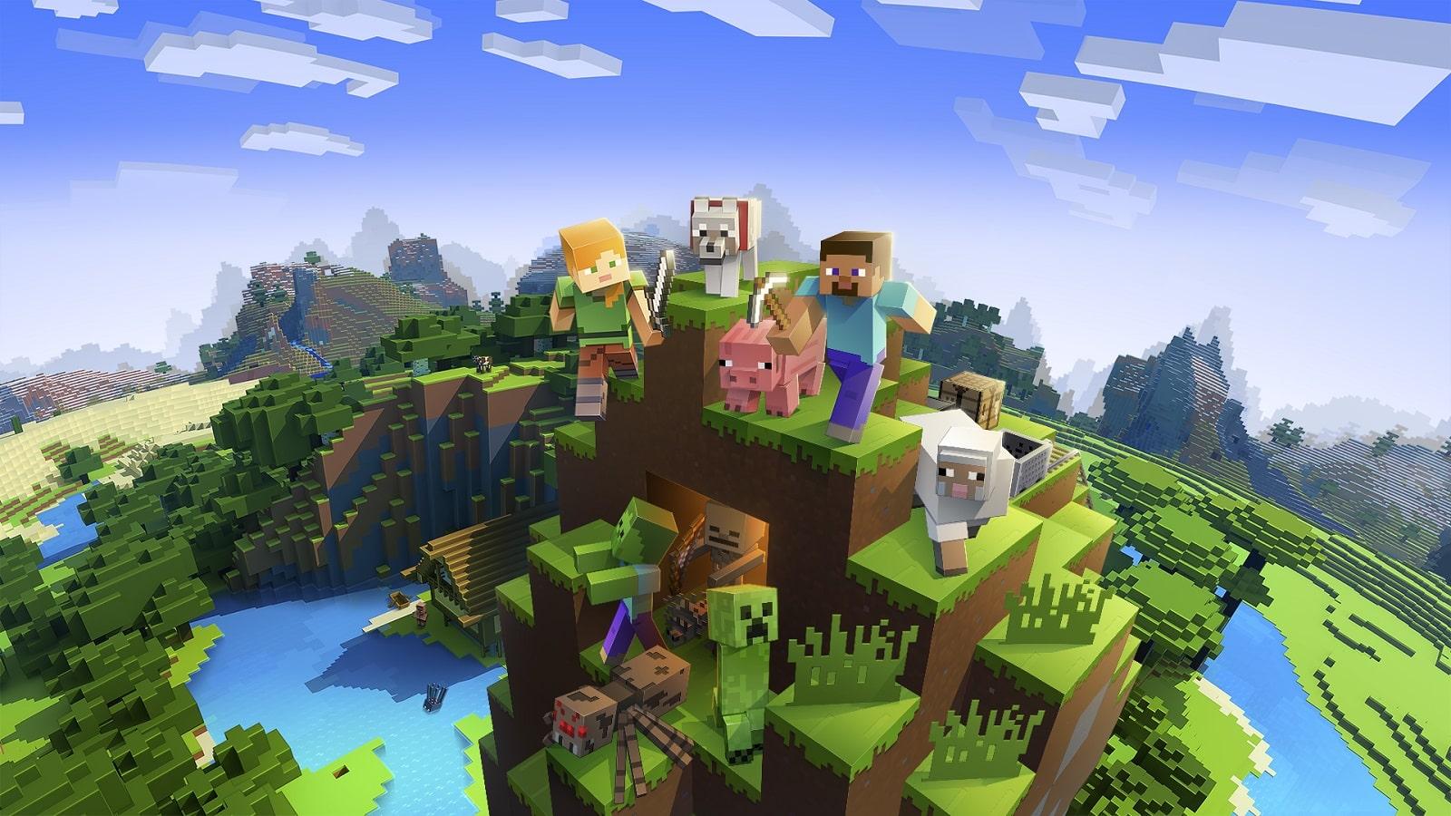 Couverture officielle de Minecraft, un jeu sandbox multiplateforme.