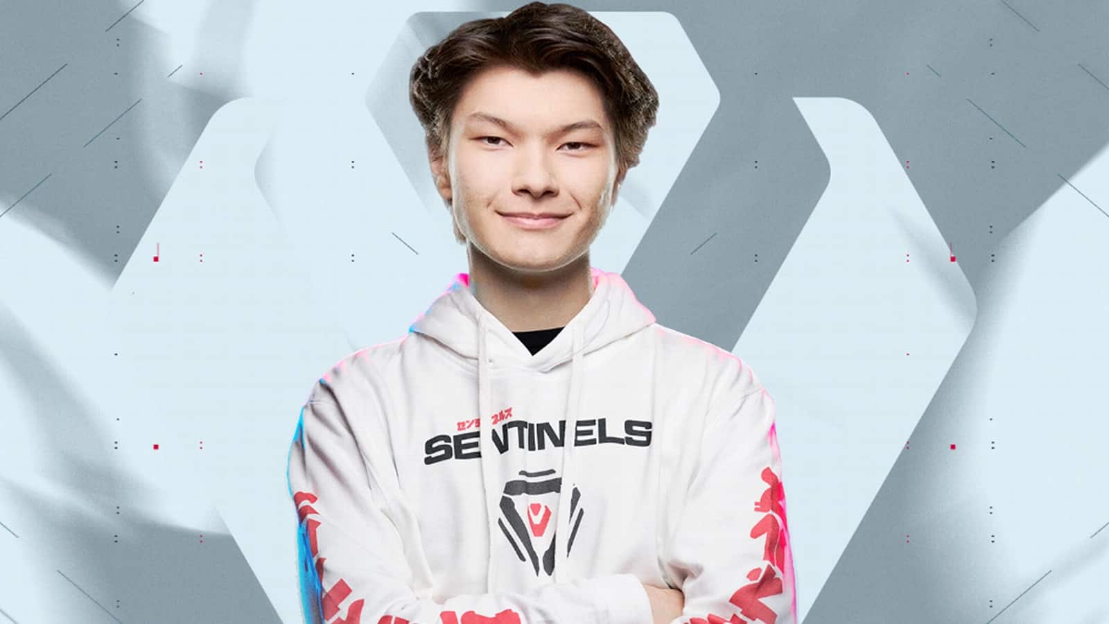 valorant player sinatraa in sentinels hoodie with logo in background