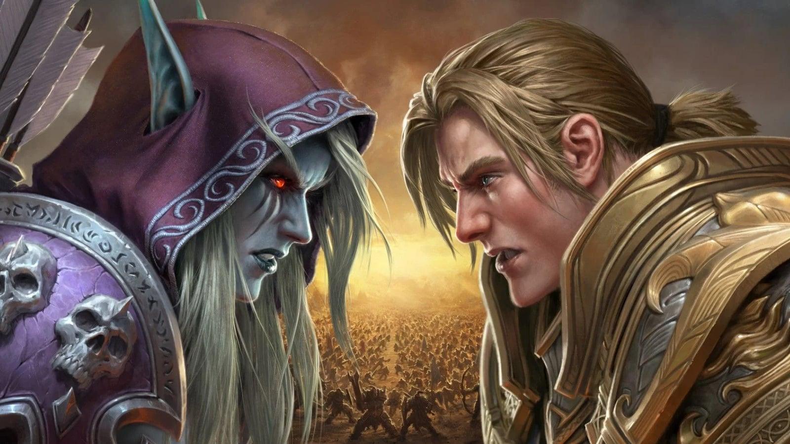 world of warcraft wow battle for azeroth bfa sylvanas and anduin look at each other as horde and alliance fight in background