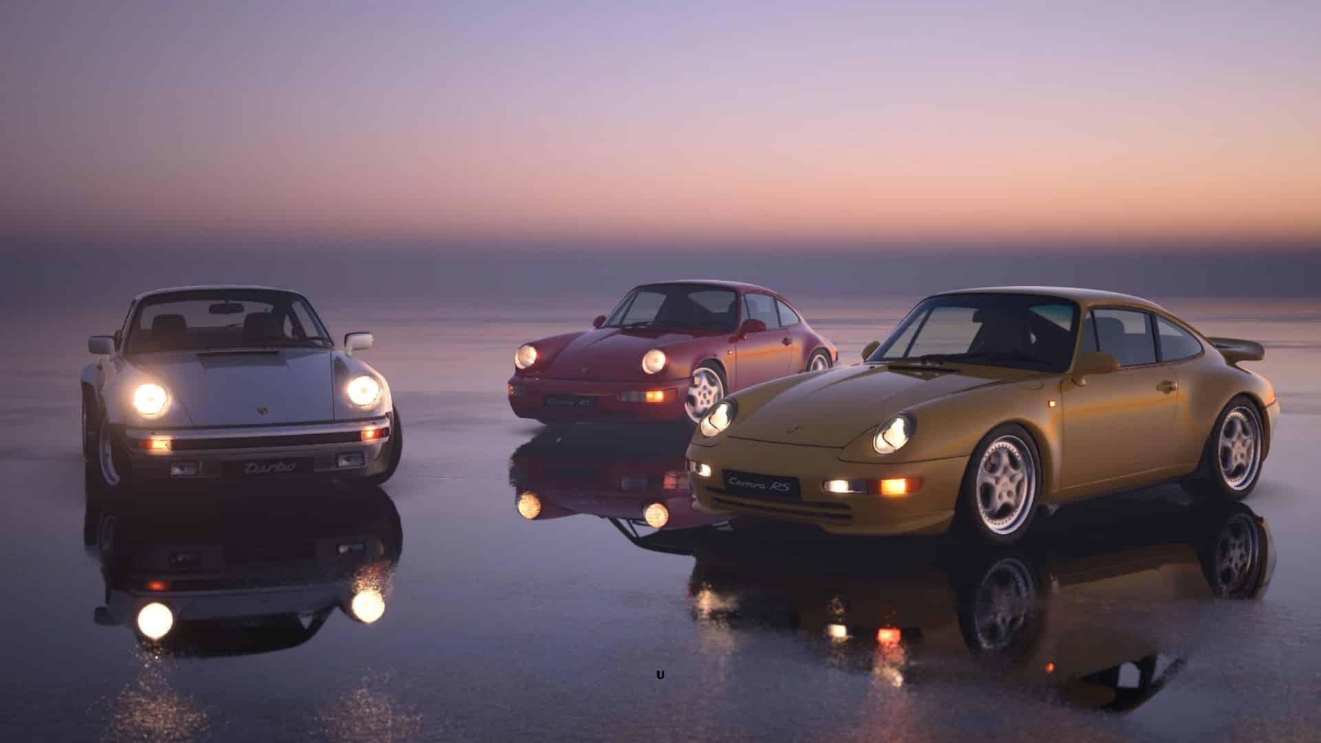 group of 3 porsches parked together in gt7