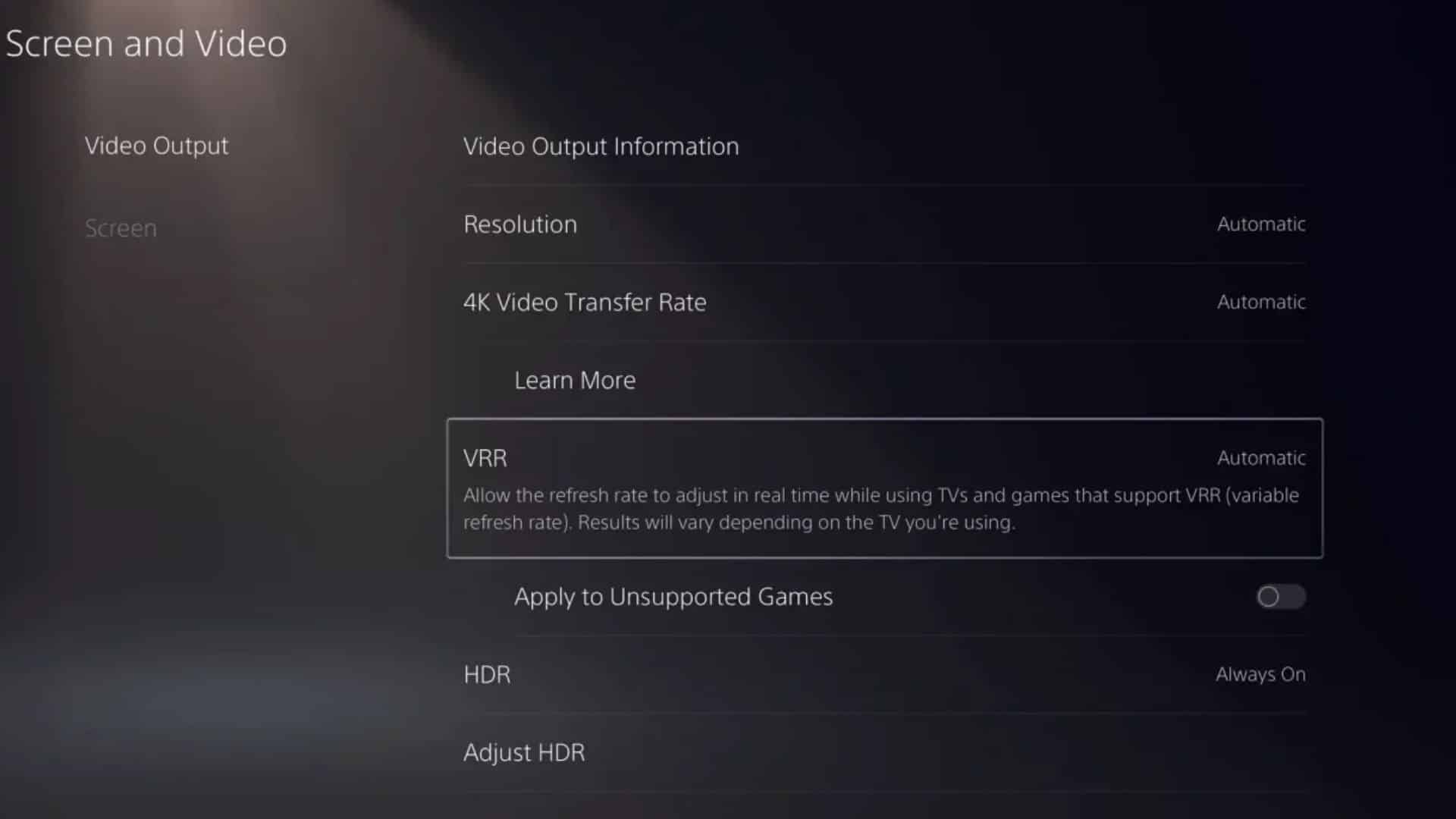 different vrr settings in sony playstation 5 menu