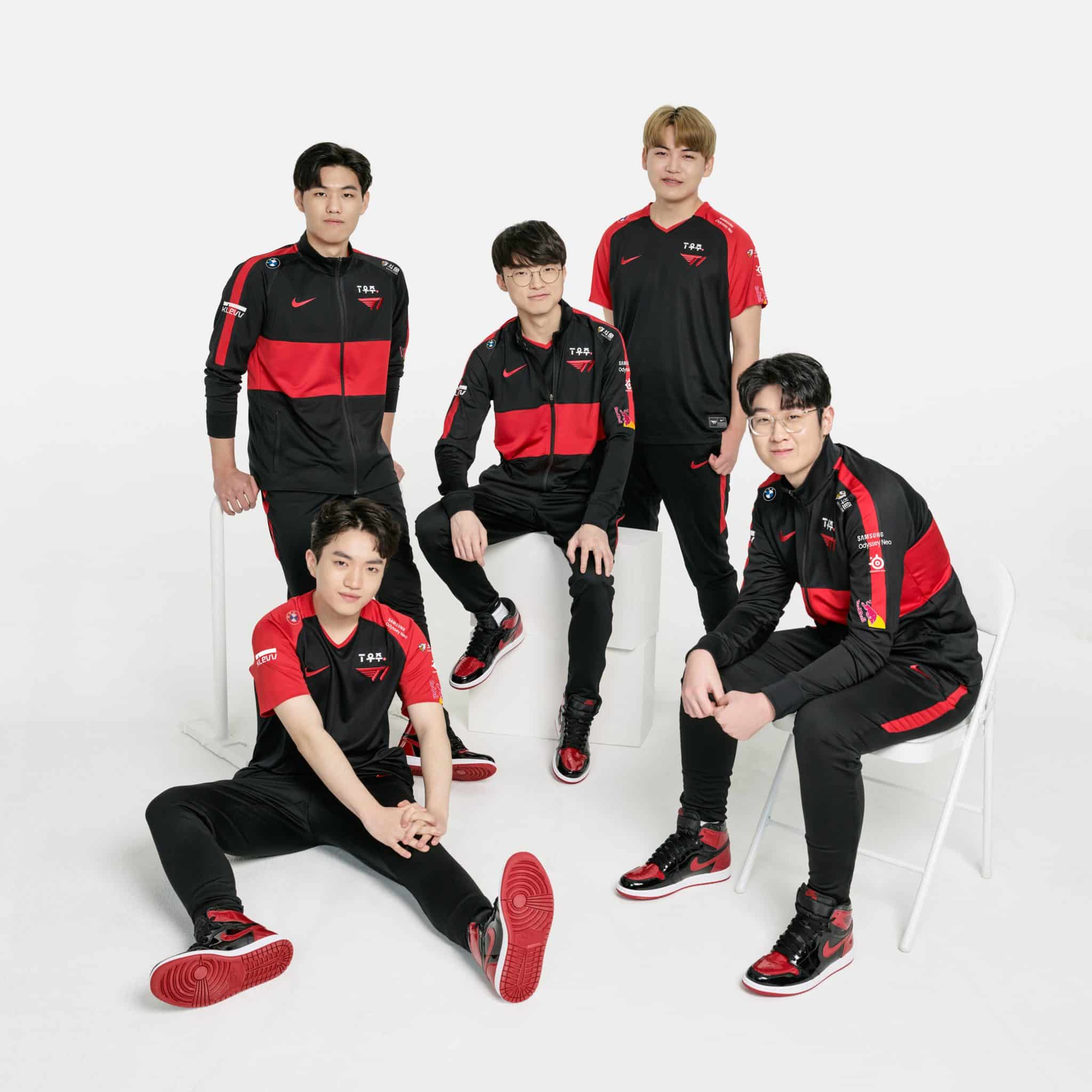 T1's League of Legends team decked out in Nike apparel against a white background