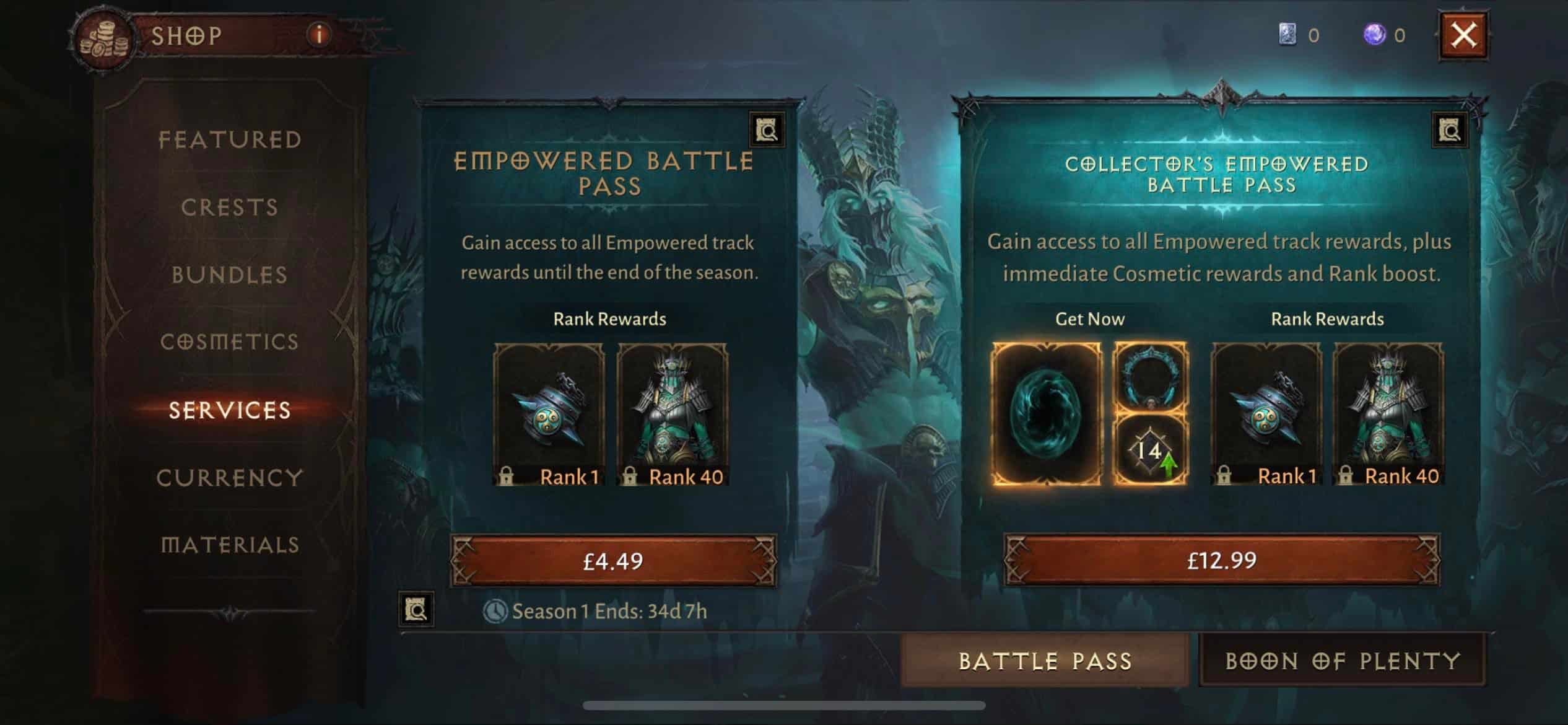 diablo immortal battle pass free premium empowered rewards prices