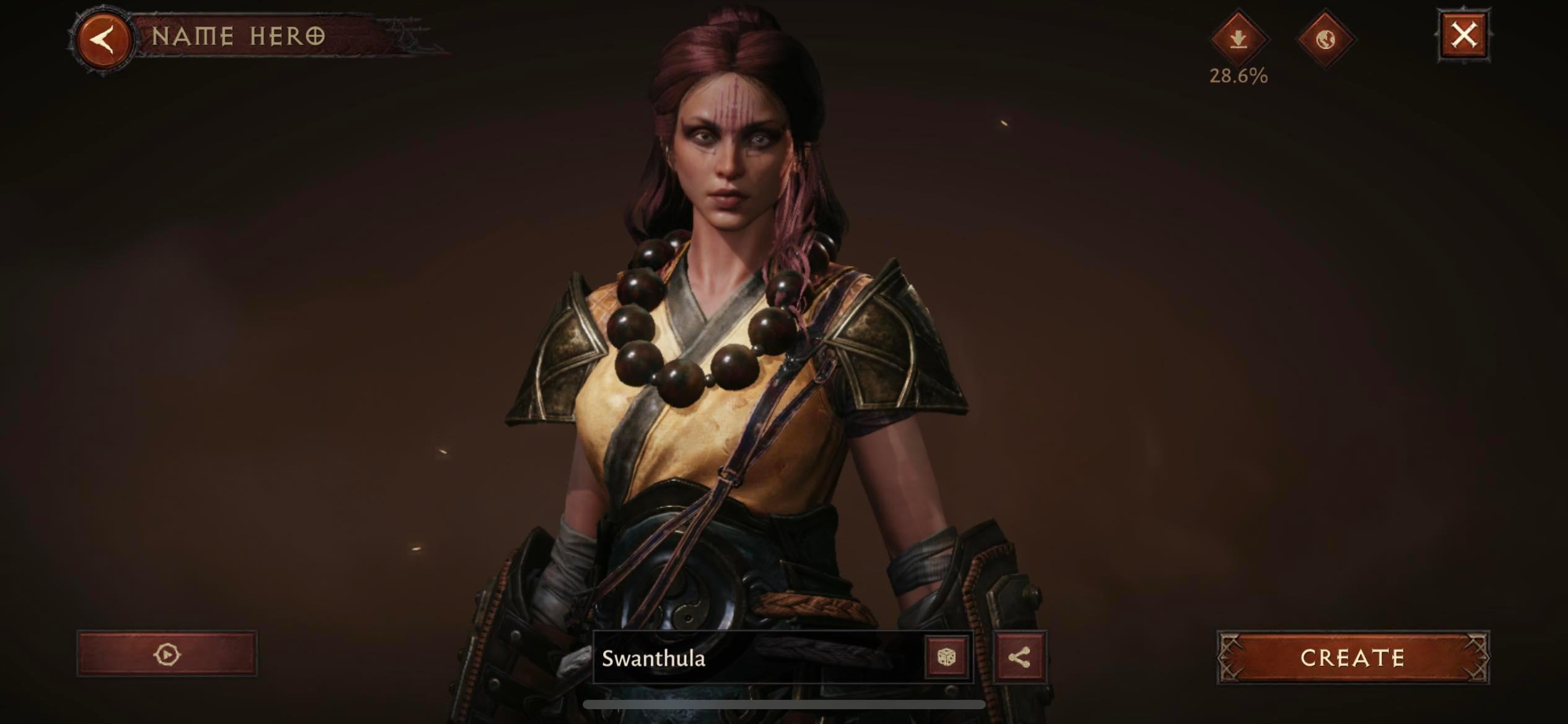 diablo immortal female monk in character creation screen