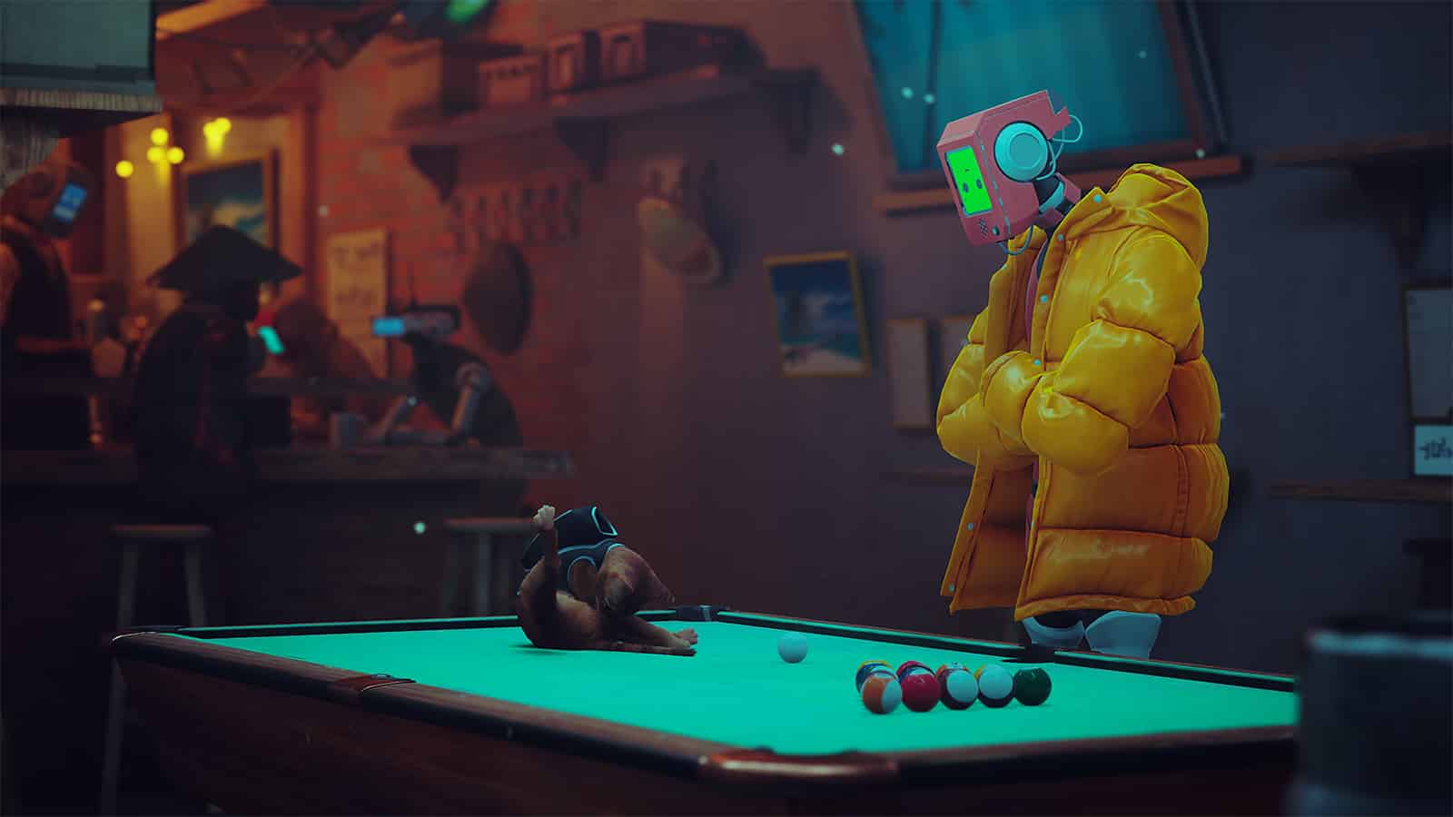 The cat in Stray laying on a pool table with a Robot beside it