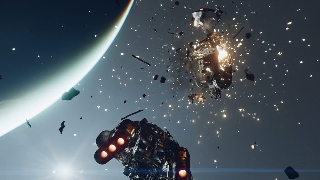 Starfield screenshot showing combat in space