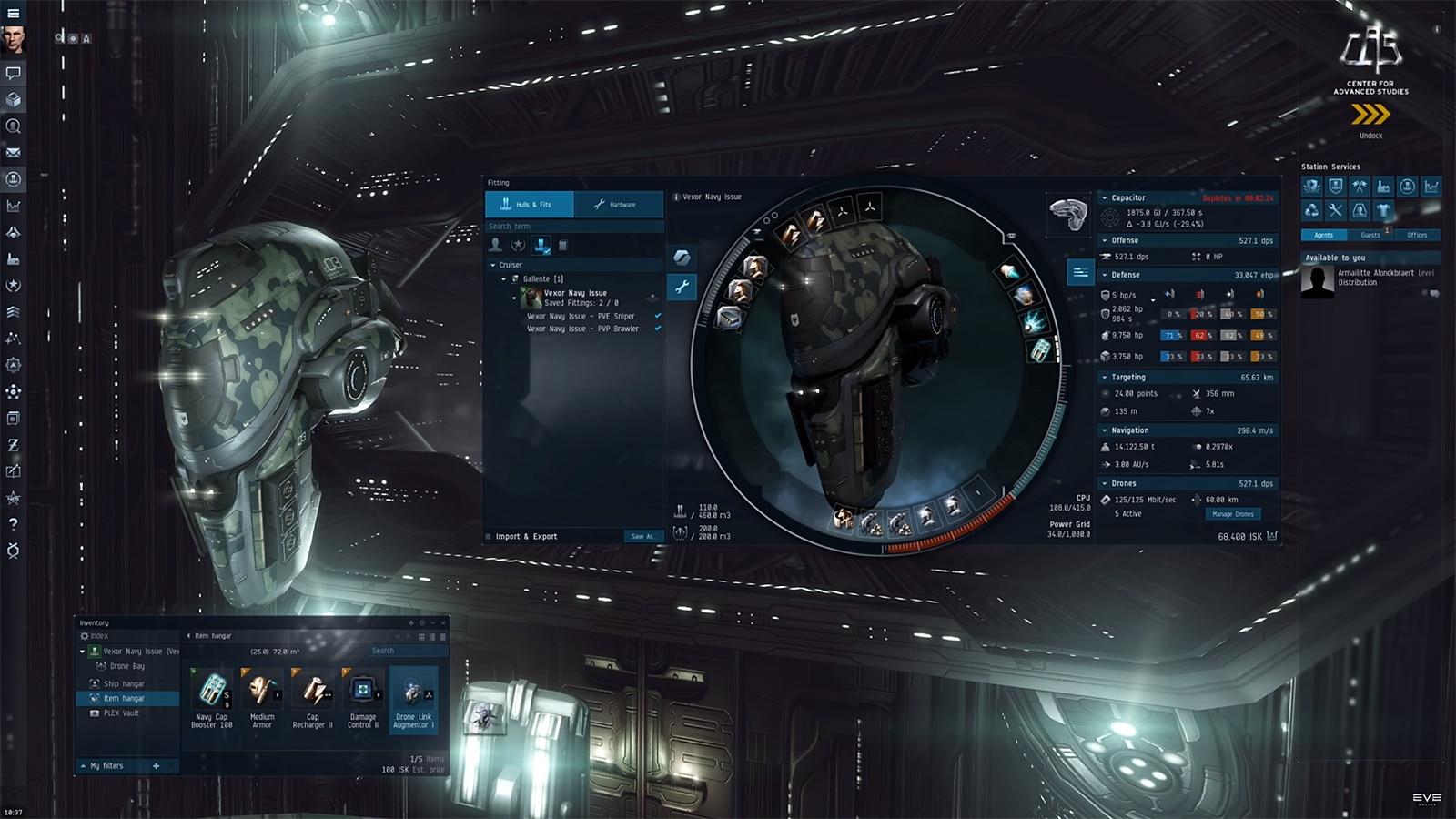 An image of a ship being customized in EVE Online, a free to play MMORPG