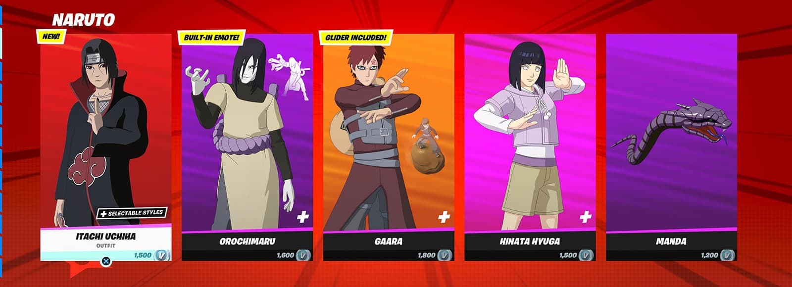 Fortnite Naruto skins to include Itachi, Hinata, Gaara, and