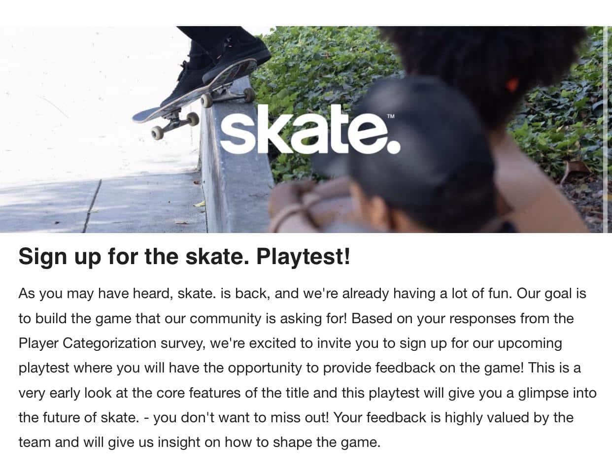 Skate 4 playtest invite