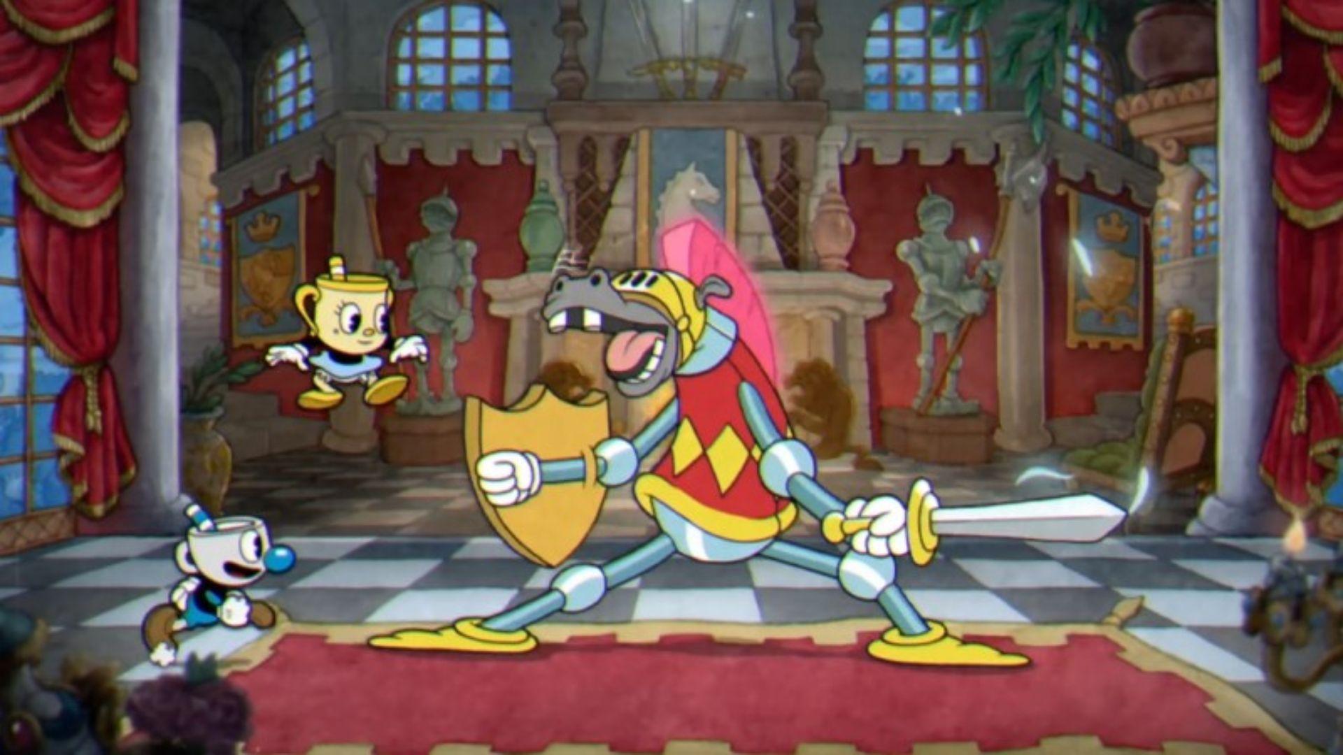 ms. chalice and mugman fighting chess knight boss in cuphead