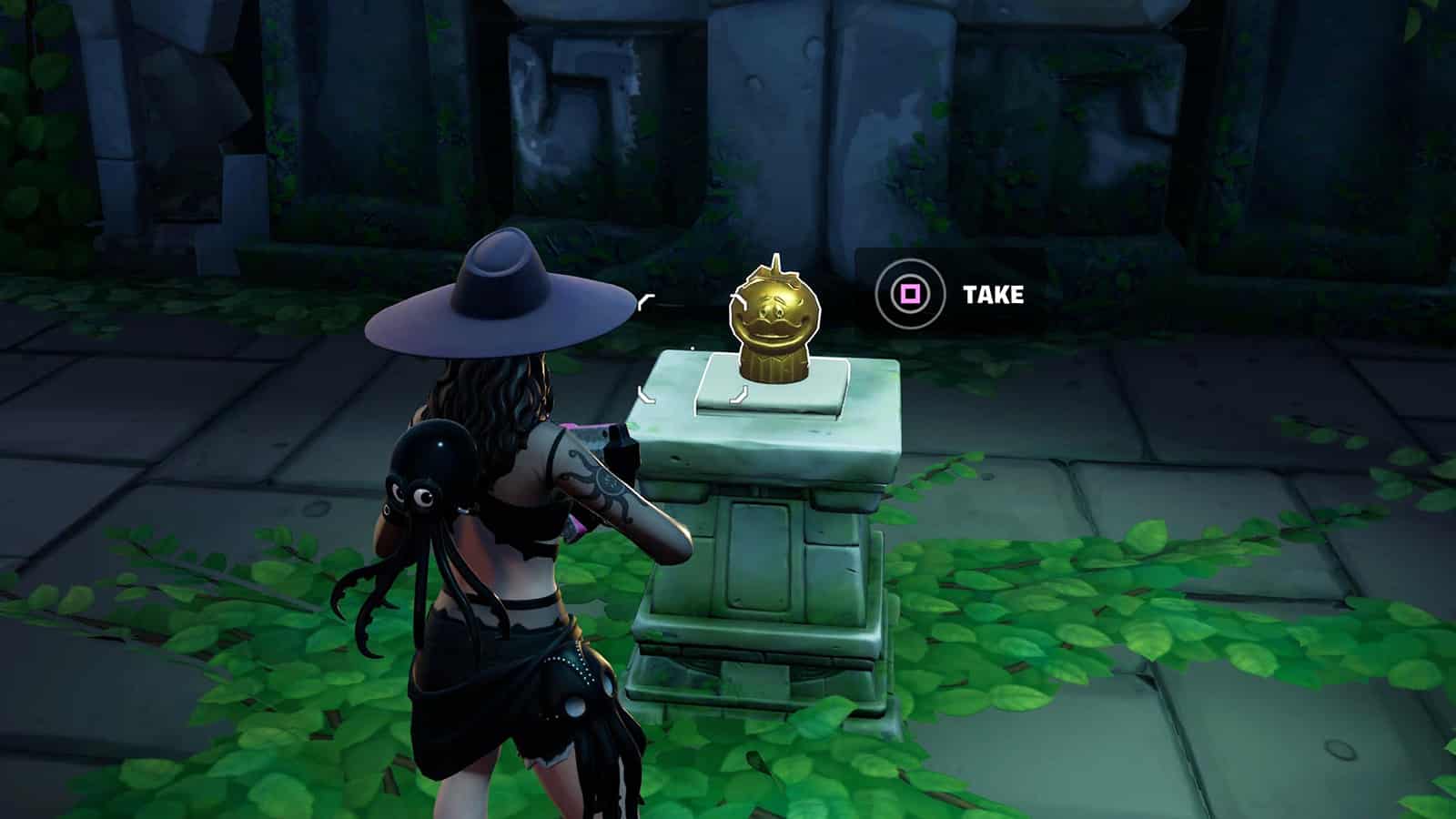 A Fortnite player collecting treasure inside the secret door at Shuffled Shrines