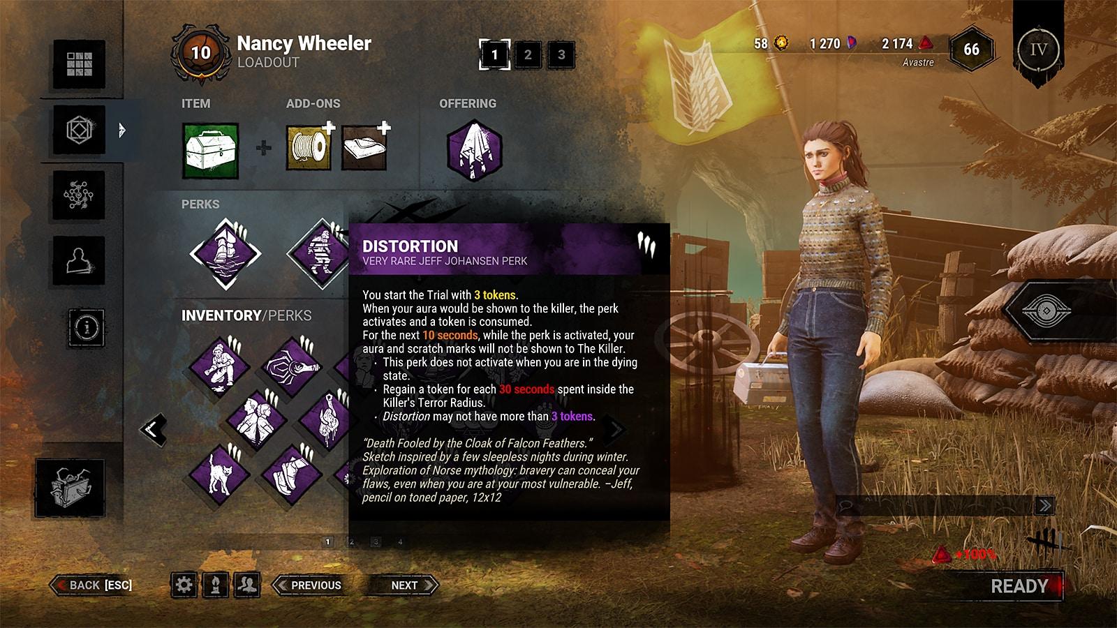 Nancy Wheeler in Dead by Daylight with the perk loadout screen