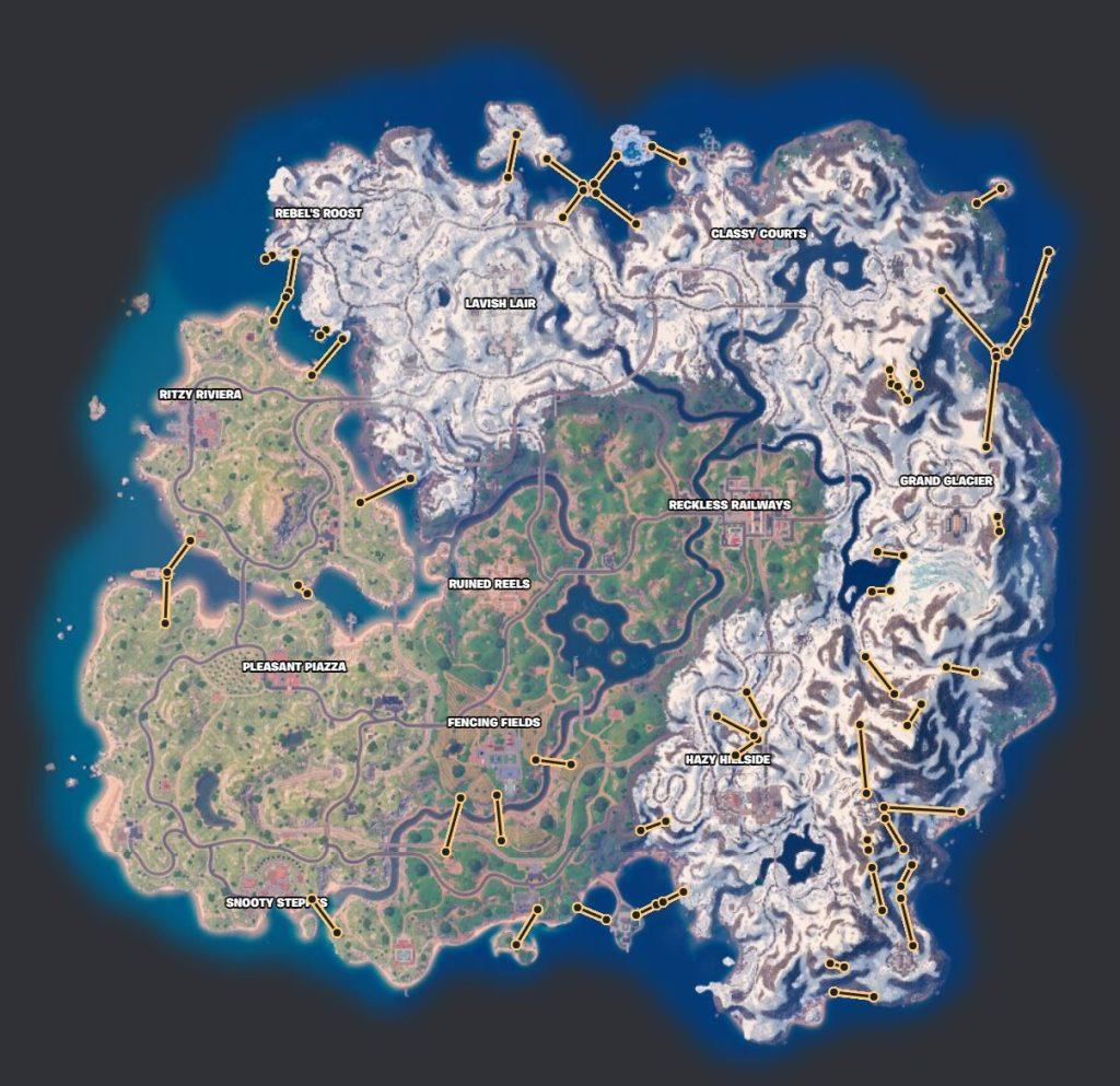 Fortnite zipline locations on the Chapter 5 island map.