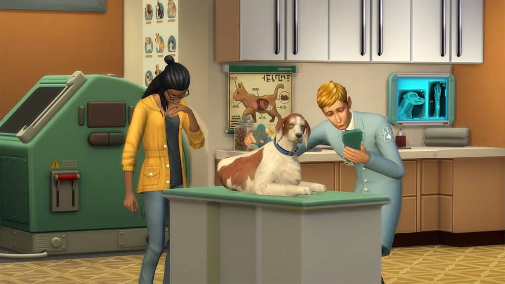 A veterinarian in The Sims 4 with a dog and another sim