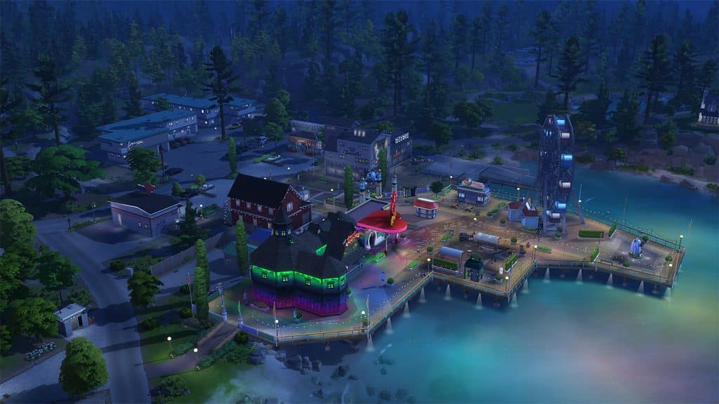 An image of a ferris wheel and Copperdale pier in The Sims 4 High School Years