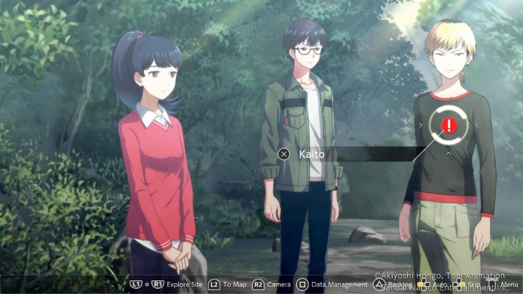 A screenshot from Digimon Survive featuring characters Aoi, Kaito and Shuuji.
