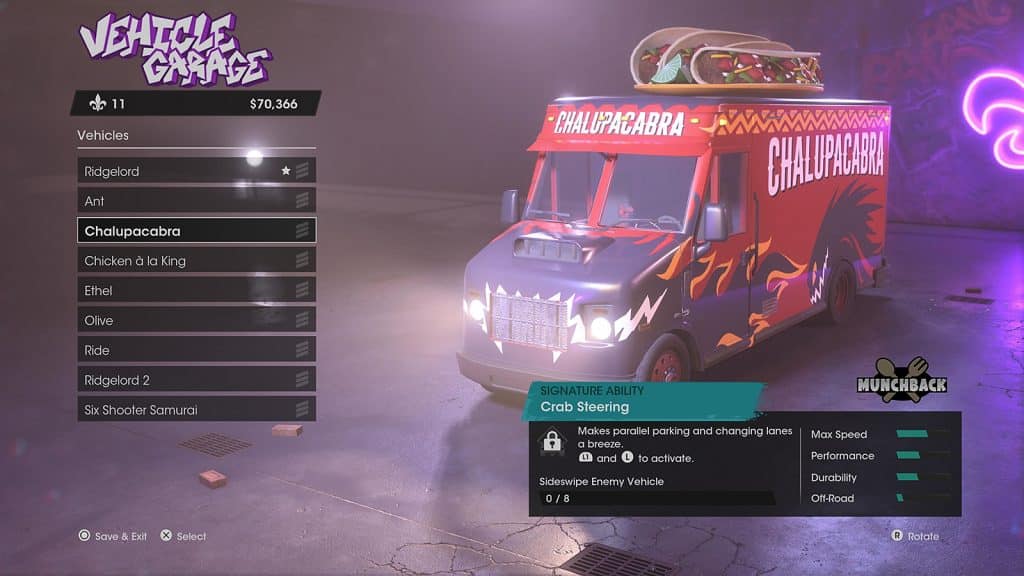 The Vehicle Garage in Saints Row showcasing a list of vehicles