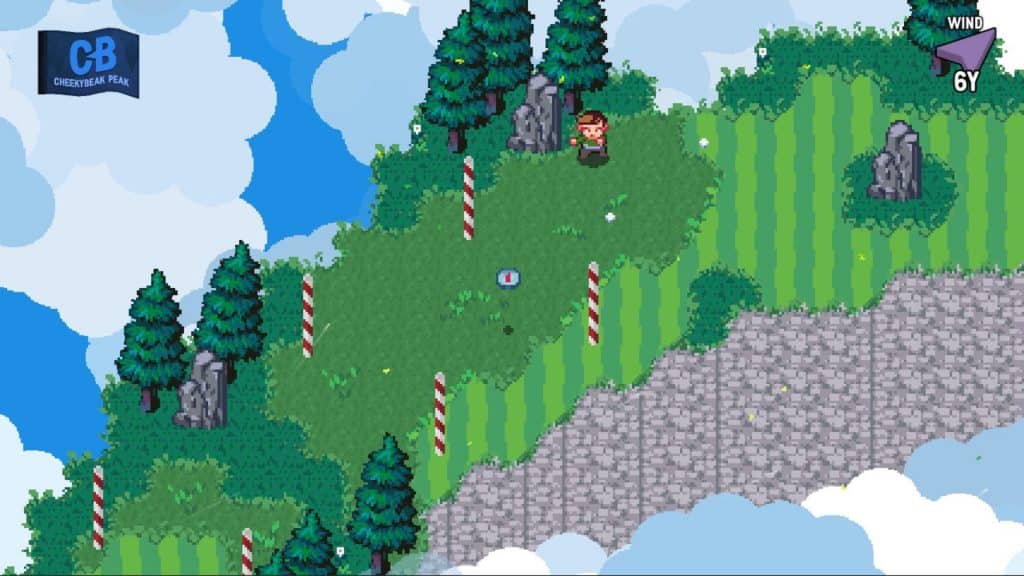character lining up a shot in golf story, one of the best games on Switch.