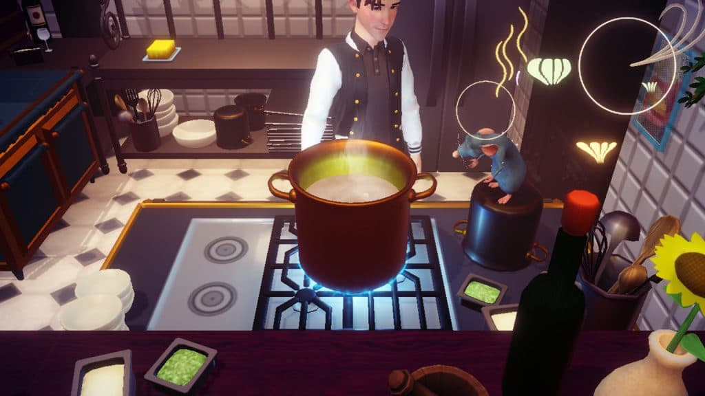 A character cooking with Remy in Disney Dreamlight Valley