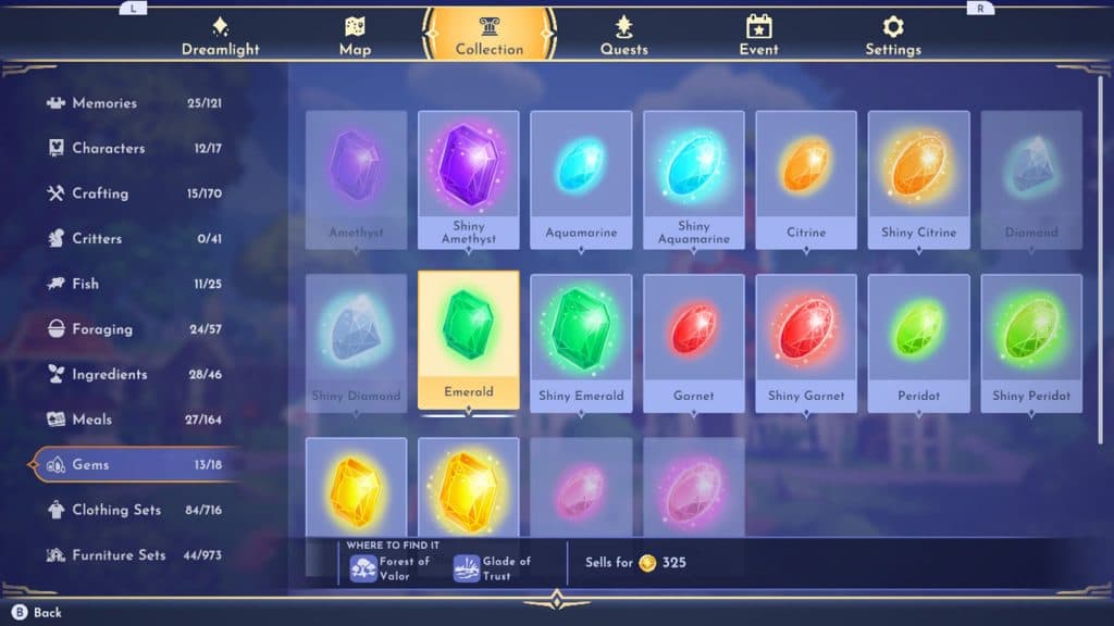 Emeralds in the Disney Dreamlight Valley gems menu