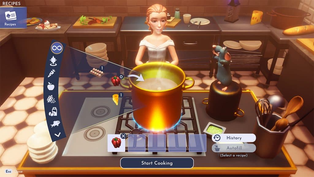 Remy in his realm in Disney Dreamlight Valley with a cooking stove