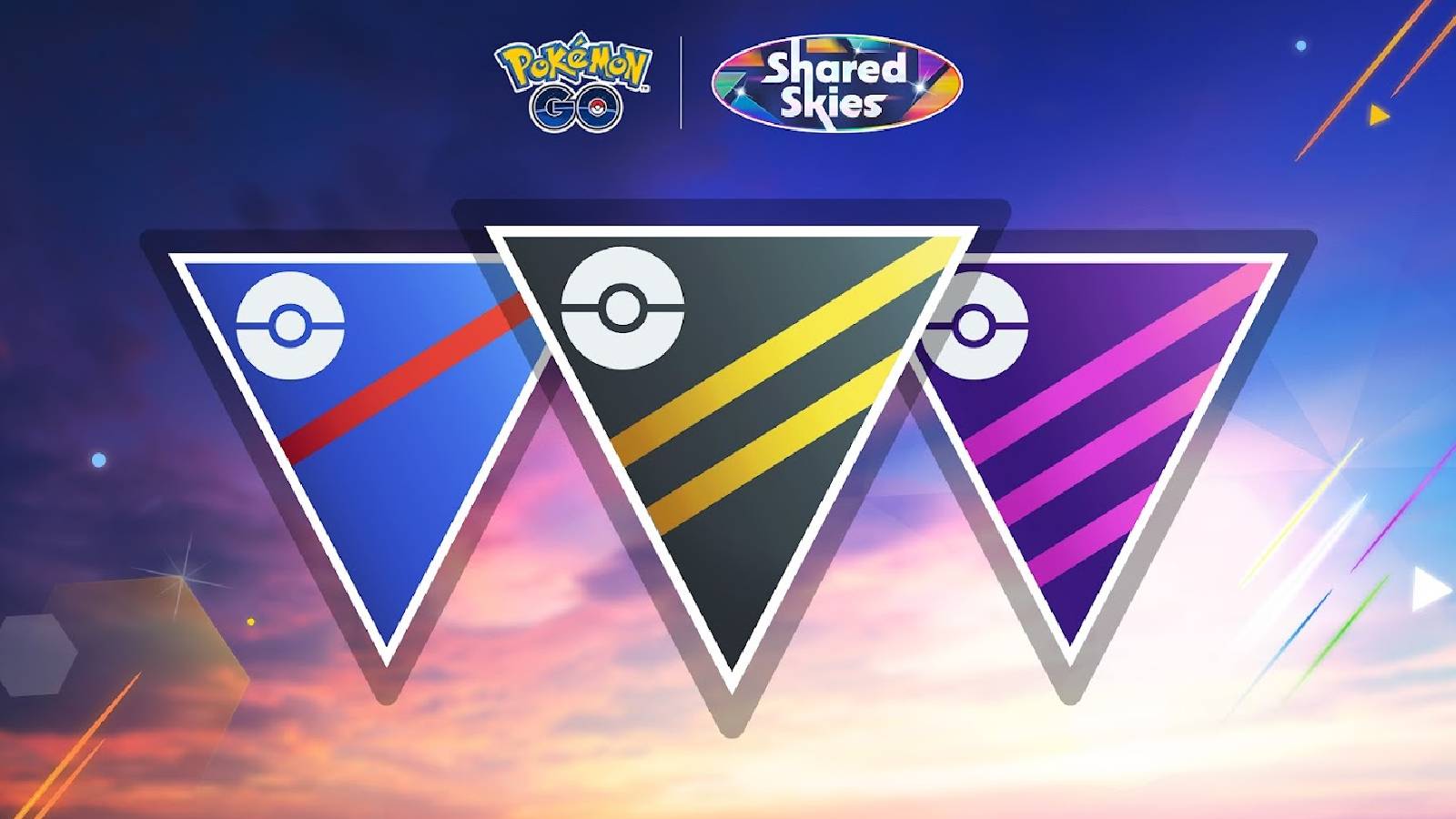 Ket art for Pokemon Go shows the logo for the different Go Battle Leagues as well as text reading Pokemon Go and Shared Skies