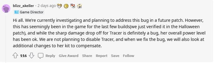 Overwatch Cavalry on X: Currently in #Overwatch2, Tracer has no damage  falloff under 20m 🎯 The Overwatch Team are aware of this bug, however,  will NOT be disabling Tracer at this time.