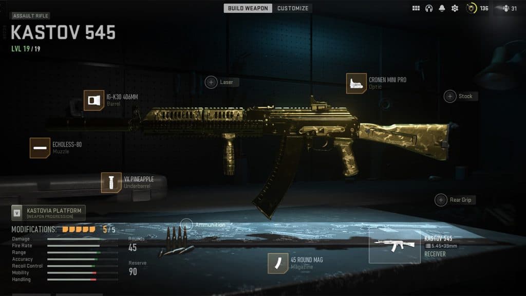 Kastov 545 loadout with Gold Camo in Warzone 2