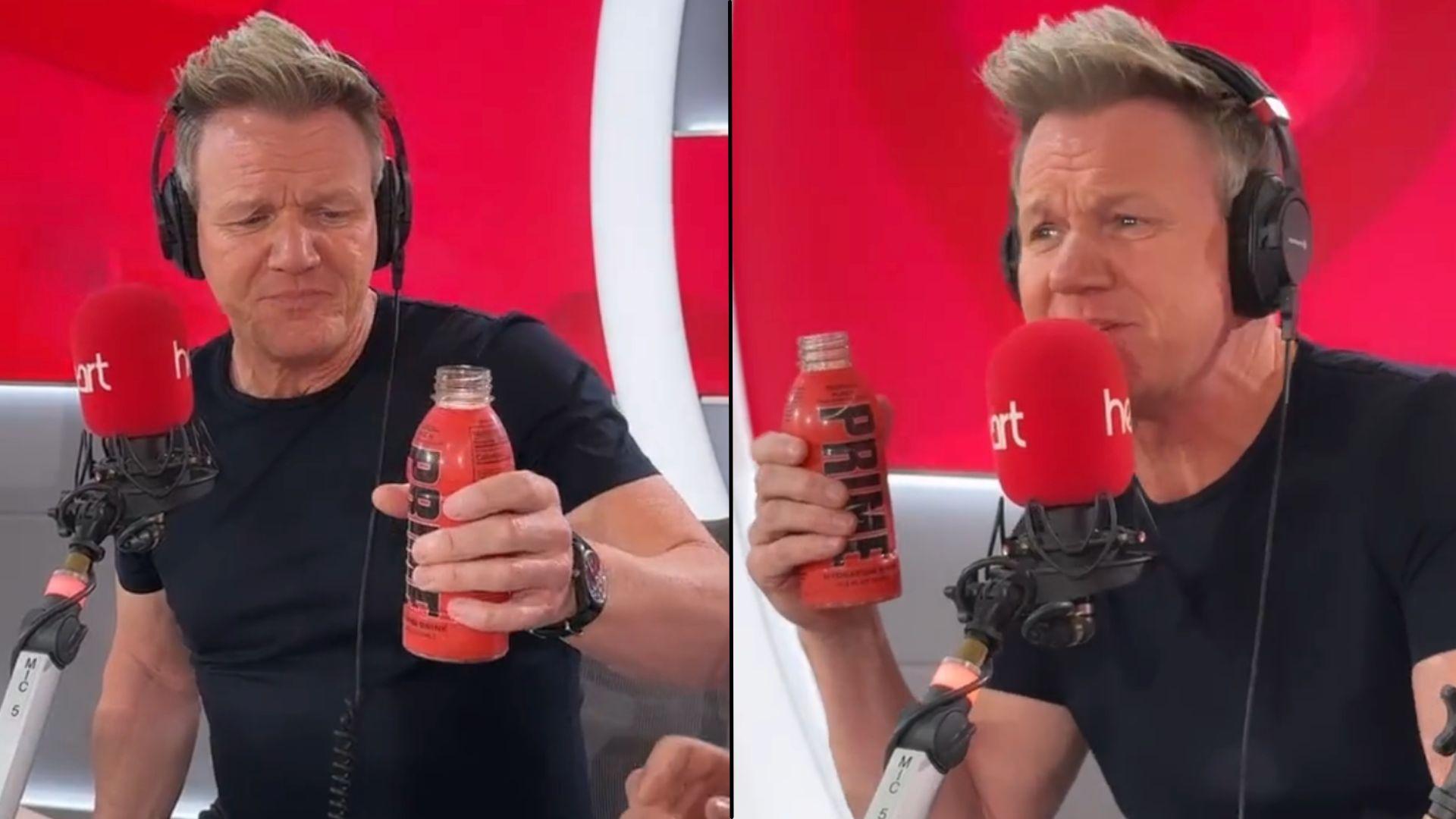 Gordon Ramsay holding bottle of Tropical Punch Prime Hydration aloft