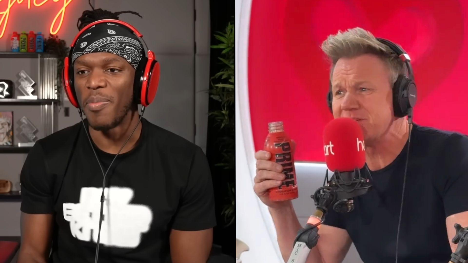 KSI looking at Gordon Ramsay holding red bottle of prime