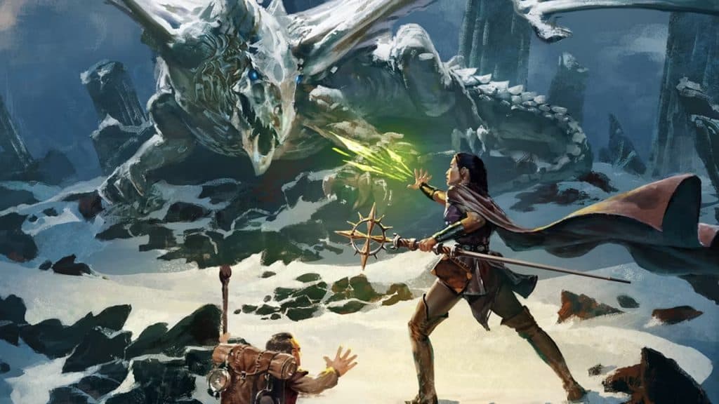 Art clé de Donjons & Dragons montrant un personnage combattant un dragon.
