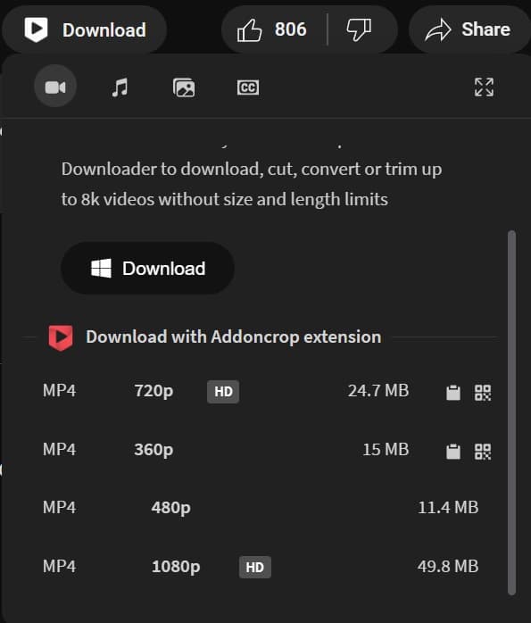 Screenshot of browser extension that allows for Youtube video downloads. 