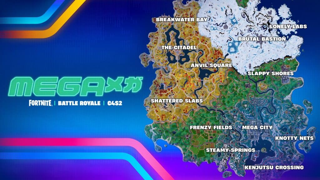 cover art featuring the Chapter 4 Season 2 map of the Fortnite Battle Royale Island.
