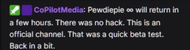 Screenshot of chat message from CoPilotMedia in PewDiePie Twitch channel