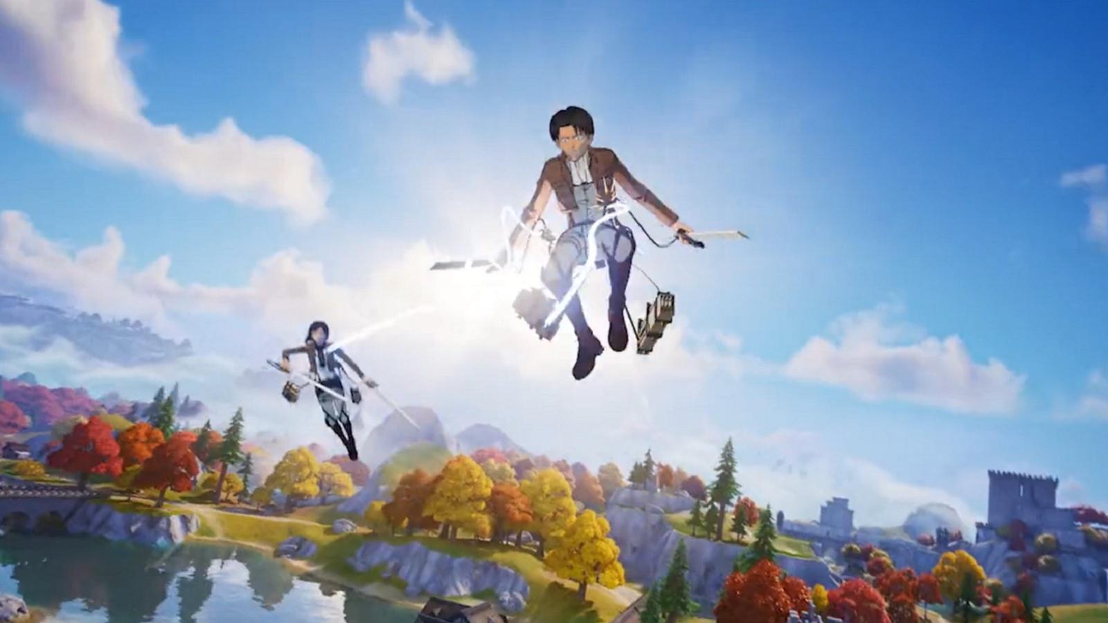 screenshot featuring the Mikasa and Levi skins in Fortnite from the Attack on Titan crossover.